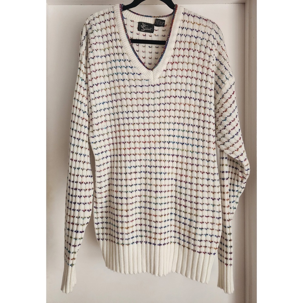 Alan Stuart Sweater XL White Striped V-Neck Long Sleeve Pullover Vintage Knit